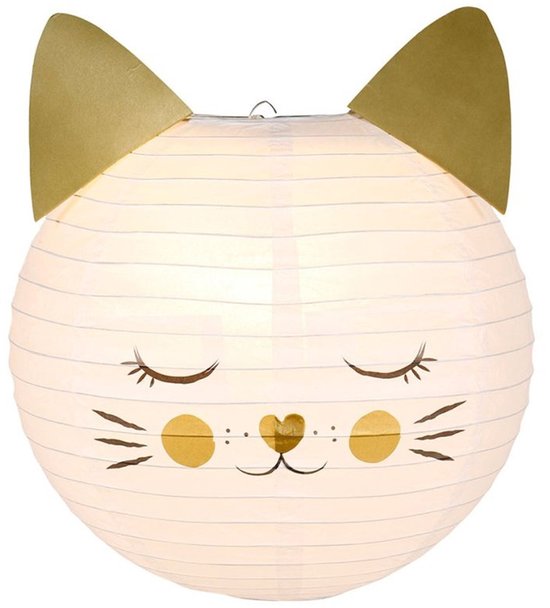 Witte papieren kattenlampion met gouden oren, gesloten ogen, snorharen en neus.