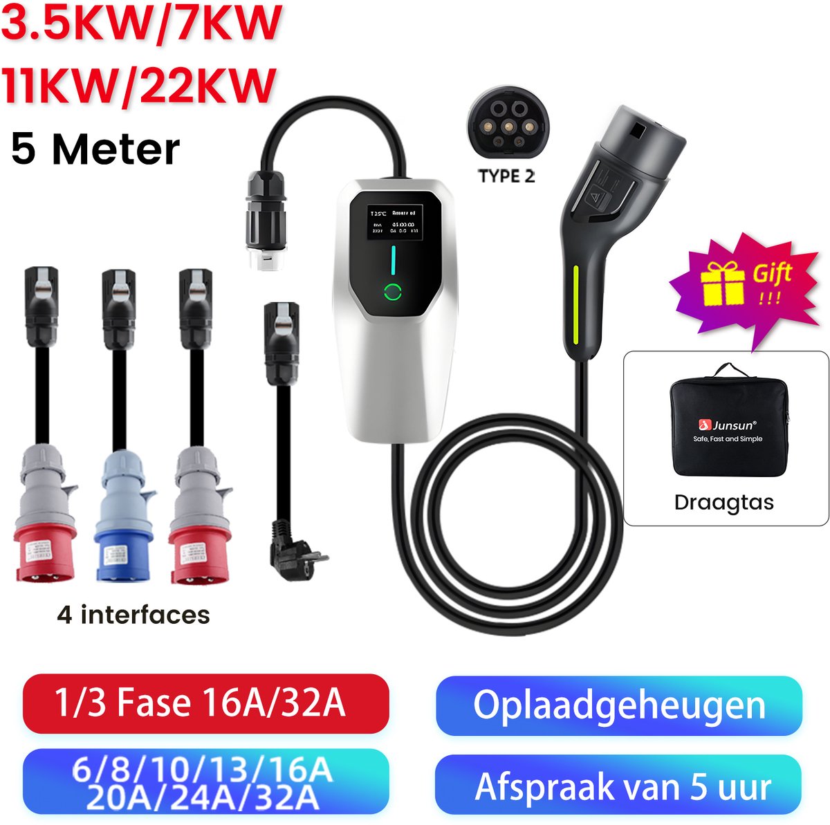 Krachtige Draagbare EV Laadkabel - Type 2, 1-3 Fase, LCD Scherm