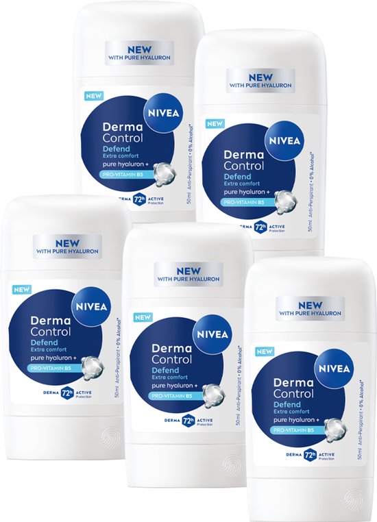 Vijf NIVEA Derma Control Deodorant Sticks in een voordeelverpakking.