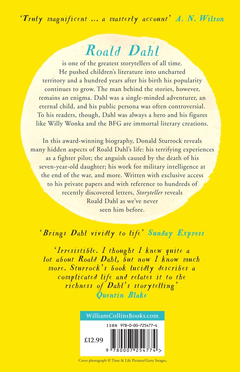 Gele achtergrond met tekst over Roald Dahl, recensies en ISBN-informatie.