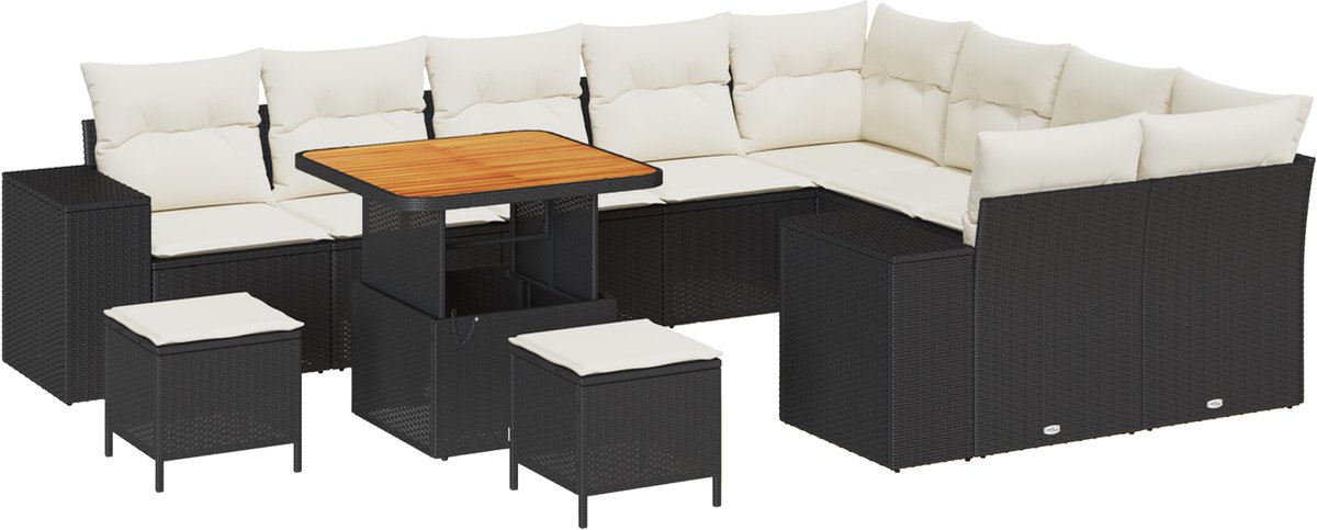 vidaXL - Tuinbank - Set - met - kussen - 12 - pcs - Zwart - poly - rattan