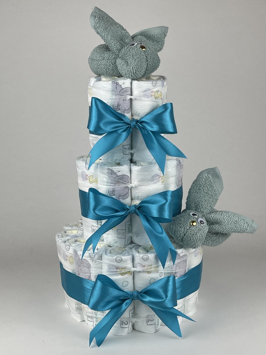 Chouette-Chouette | Luiertaart Neutraal | Kraamcadeau | Geboorte Jongen Meisje | Babyshower | Konijnen Stone groen - Petrol