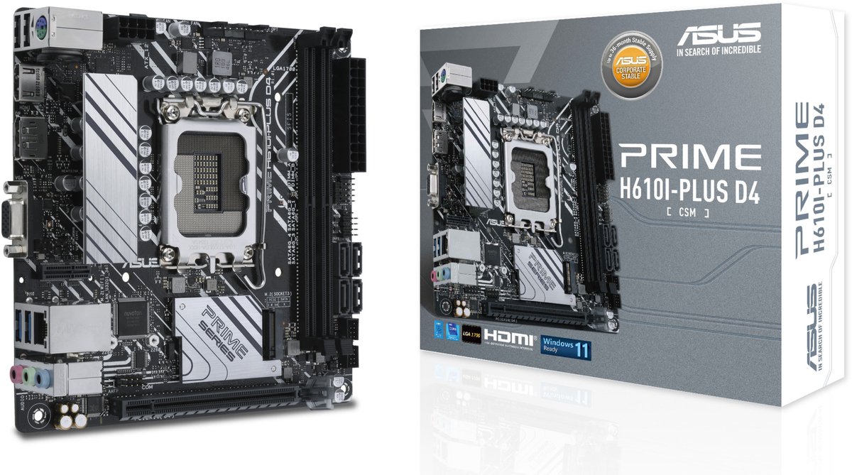 ASUS PRIME H610I-PLUS D4-CSM - Moederbord mini ITX - LGA1700-sokkel - H610 chipset - USB 3.2 Gen 1 - Gigabit LAN - interne afbeeldingen (CPU vereist) - HD Audio (8-kanaals)