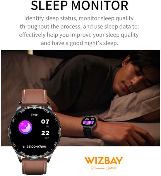 Een man die slaapt, naast een smartwatch met een slaapmonitor display met bruine band.
