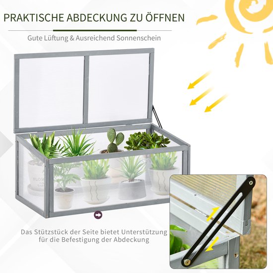 Grijze houten mini-kas met open deksel en planten, met illustratie van zonlicht en ventilatie.