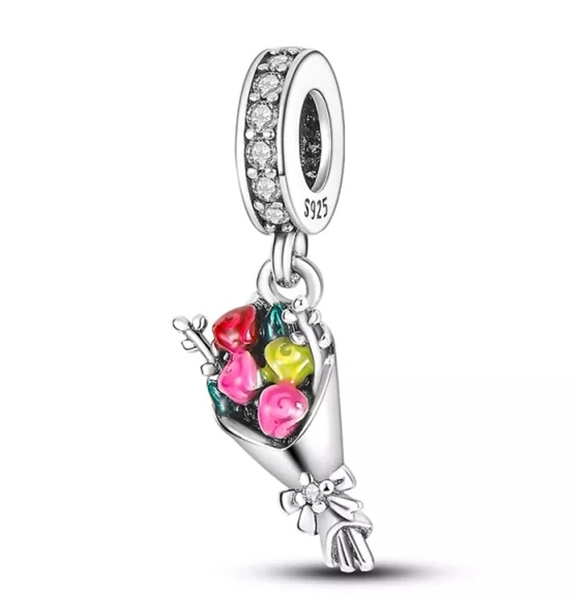 Fler® | Bedel | Past op populaire bedelarmbanden (standaard - 3mm) | Bloemenboeket Bedel | Hangbedel Charm | 925 sterling zilver | Transparante Rode, Roze, Gele & Groene emaille | Armband Kraal | Valentijnsdag Cadeau | Sinterklaas kado | Kerstcadeau