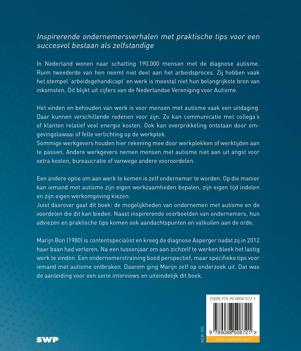 Achterkant van boek 'Ondernemen(d) met autisme' met tekst en ISBN.