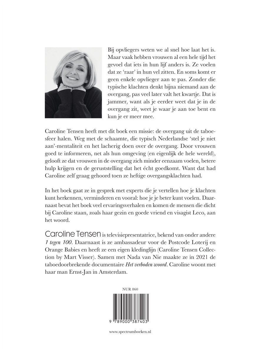 Boekomslag met portret van Caroline Tensen, die een zwarte coltrui draagt.