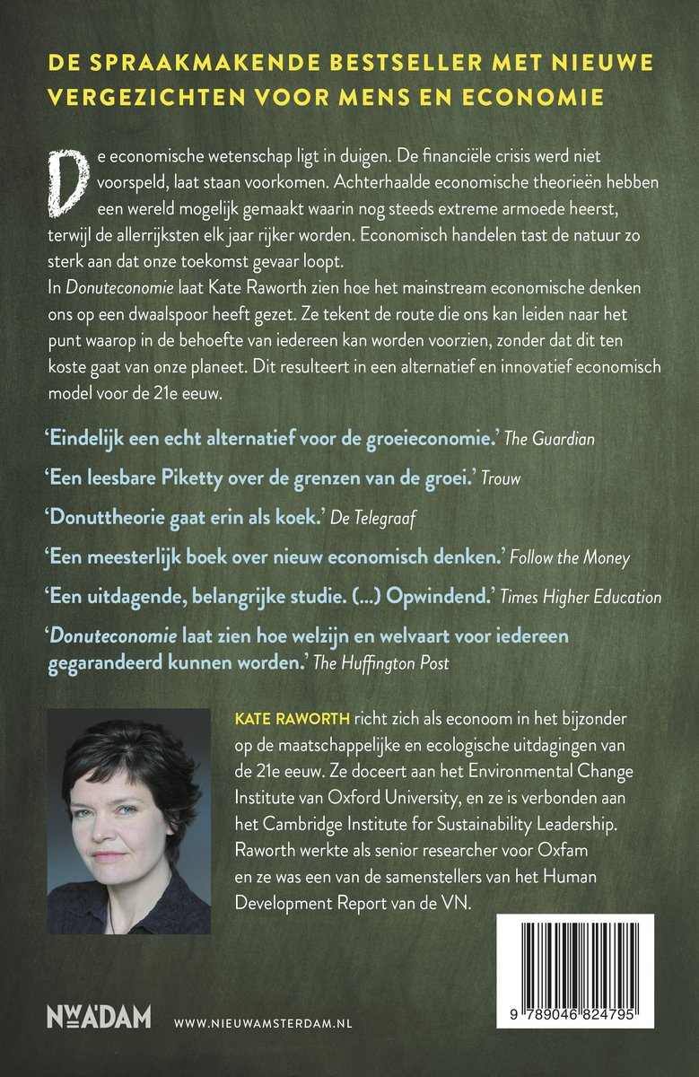 Boekomslag met de titel 'De Spraakmakende Bestseller met Nieuwe Gezichten voor Mens en Economie'. De auteur Kate Raworth is afgebeeld.