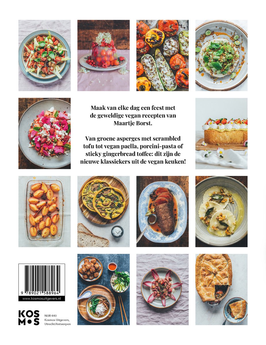 Collage met 12 veganistische gerechten, waaronder salades, taarten en een pastei. Links onder een barcode.