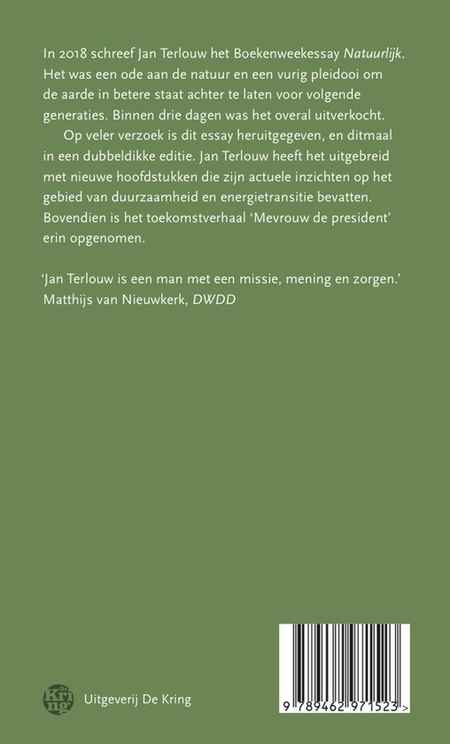 Achterkant boek 'Natuurlijk' met tekst over de inhoud en een korte biografie van Jan Terlouw.