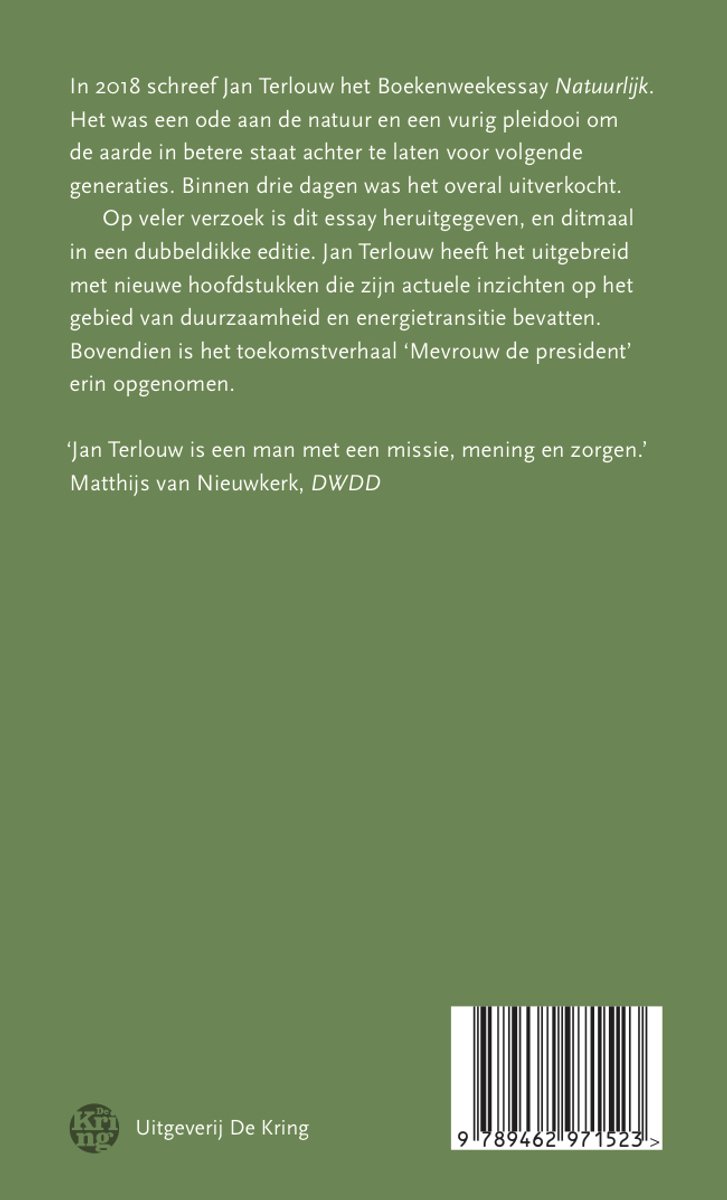 Achterkant boek 'Natuurlijk' met tekst over de inhoud en een korte biografie van Jan Terlouw.