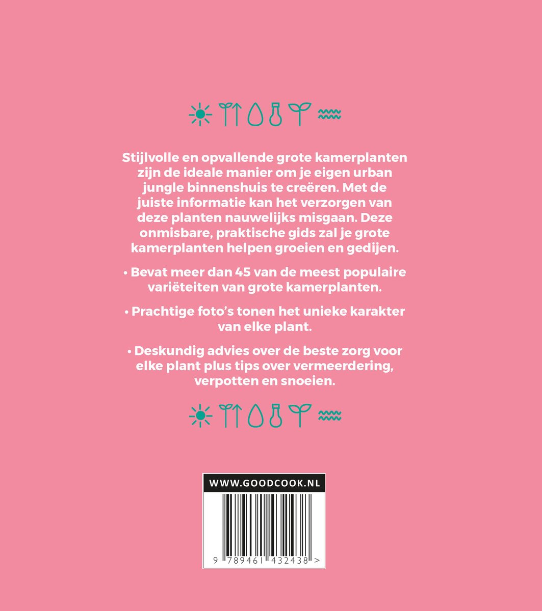Achterkant van een boek met tekst over grote kamerplanten, een streepjescode en "WWW.GOODCOOK.NL".