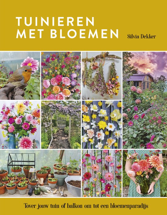 Collage van tuinafbeeldingen: een roodborstje, bloemen, gedroogde bloemen, een huis, een tuinpoort, bloemperken en een vrouw met bloemen.