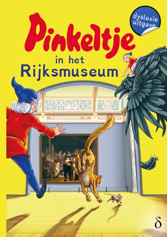 Boekcover: De elf Pinkeltje, een kat, een muis, een raaf en een meisje in een museum met een schilderij van Rembrandt.