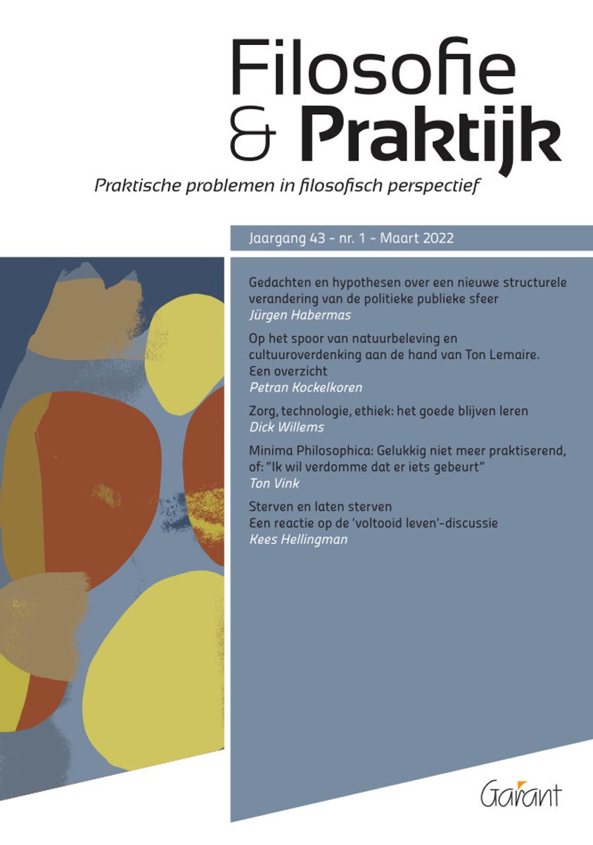 Cover van Filosofie & Praktijk, jaargang 43 nr. 1. Met abstracte illustratie van bruine en gele cirkels.