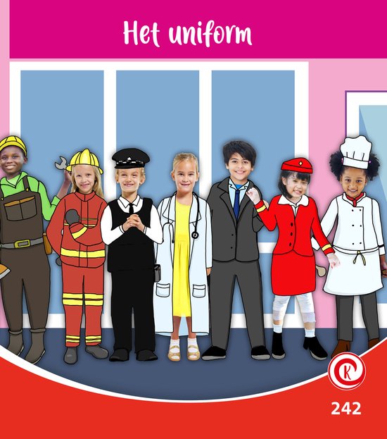 Zes kinderen in verschillende uniformen: bouwvakker, brandweerman, politieagent, dokter, stewardess en kok.