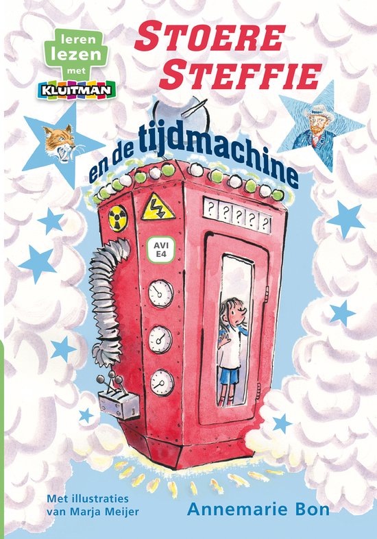 Boekomslag 'Stoere Steffie en de tijdsmachine'. Een rood apparaat met klokken en knoppen, een meisje kijkt uit de deur. Sterren en wolken op de achtergrond.