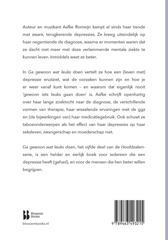Boekpagina met tekst over depressie en Aafke Romeijn, met barcode en logo.