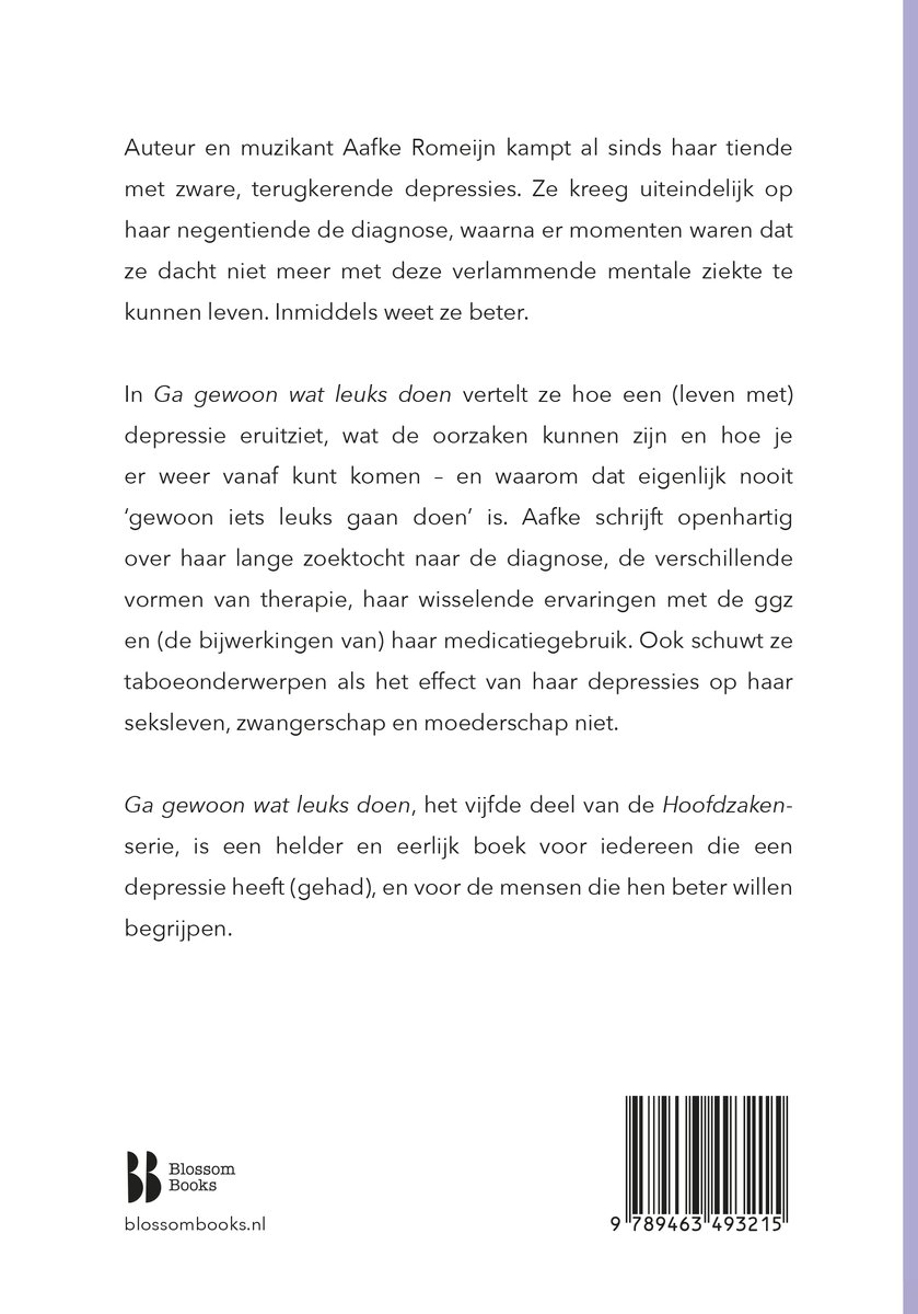 Boekpagina met tekst over depressie en Aafke Romeijn, met barcode en logo.