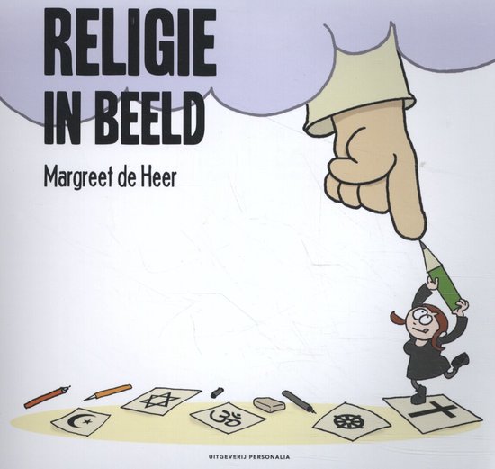 Boek "Religie in beeld" met tekening van een meisje dat een religieus symbool tekent, met vele andere symbolen op de grond.