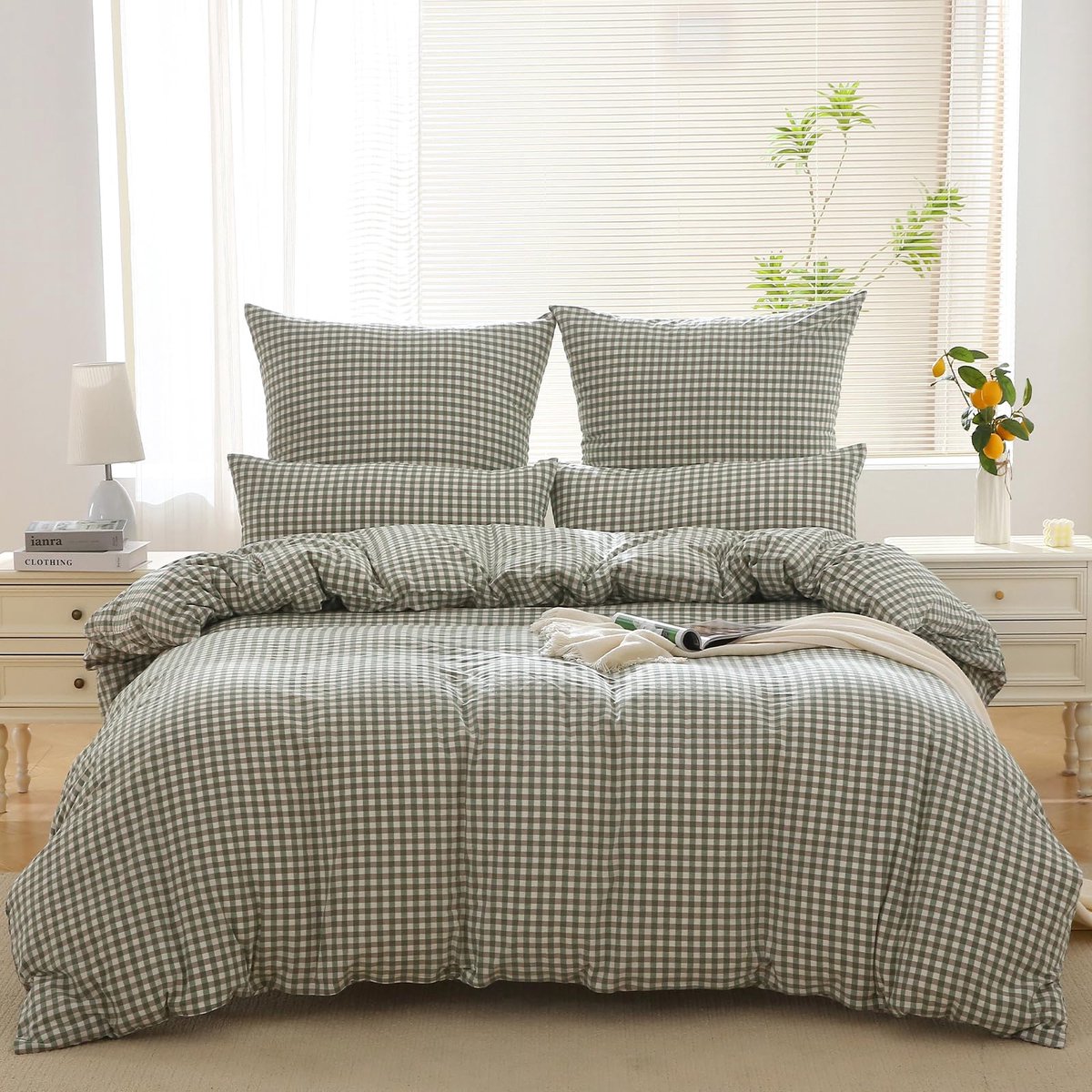 Ibenzoa Hoofdkussen Set - 100% Katoen, Groen Geruit, 220x240cm, 2 Kussenslopen 80x80cm
