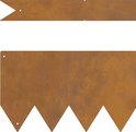 Close-up van roestbruine metalen borderranden met zaagtandprofiel en bevestigingsgaten.
