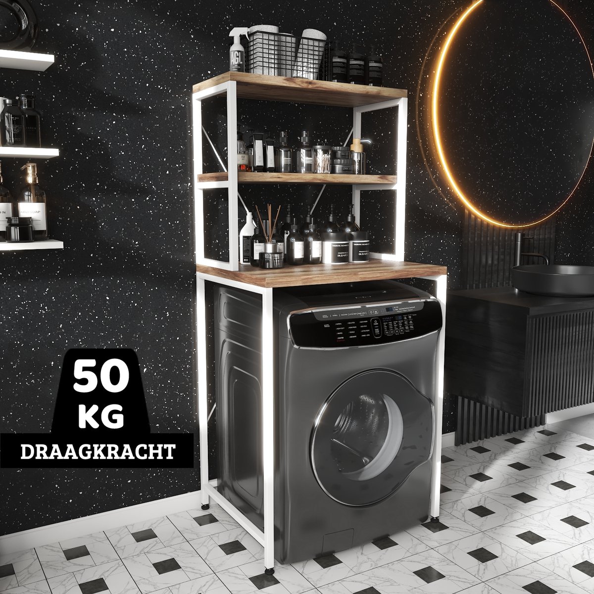 AirSleeperz® wasmachine kast - Droger Ombouw Meubel - Walnoot houtkleur met wit metaal - 3 etages - 50x68x155 cm