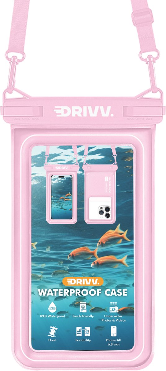 Drivv. Luxe Waterdicht Telefoonhoesje – Drijvend - Dubbele Klipsluiting - Tot 6.8 inch – Onderwater Hoesje telefoon - Roze