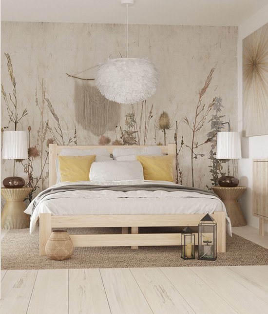 Houten bed 160×200 Scandinavisch dennenhout massief frame lattenbodem 12 latten stevig en natuurlijk
