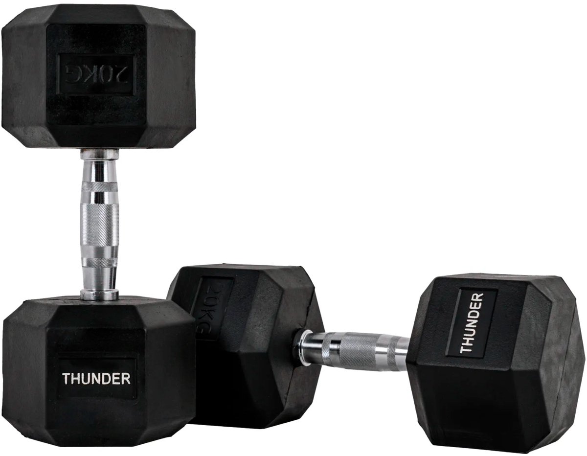 THUNDER® HEXAGONAL-DUMBBELLS-20KG Zwarte Rubberen Halter Stalen Kern Voor Krachttraining & Fitness Antislip Duurzaam & Professioneel Per Stuk - Stevige Grip