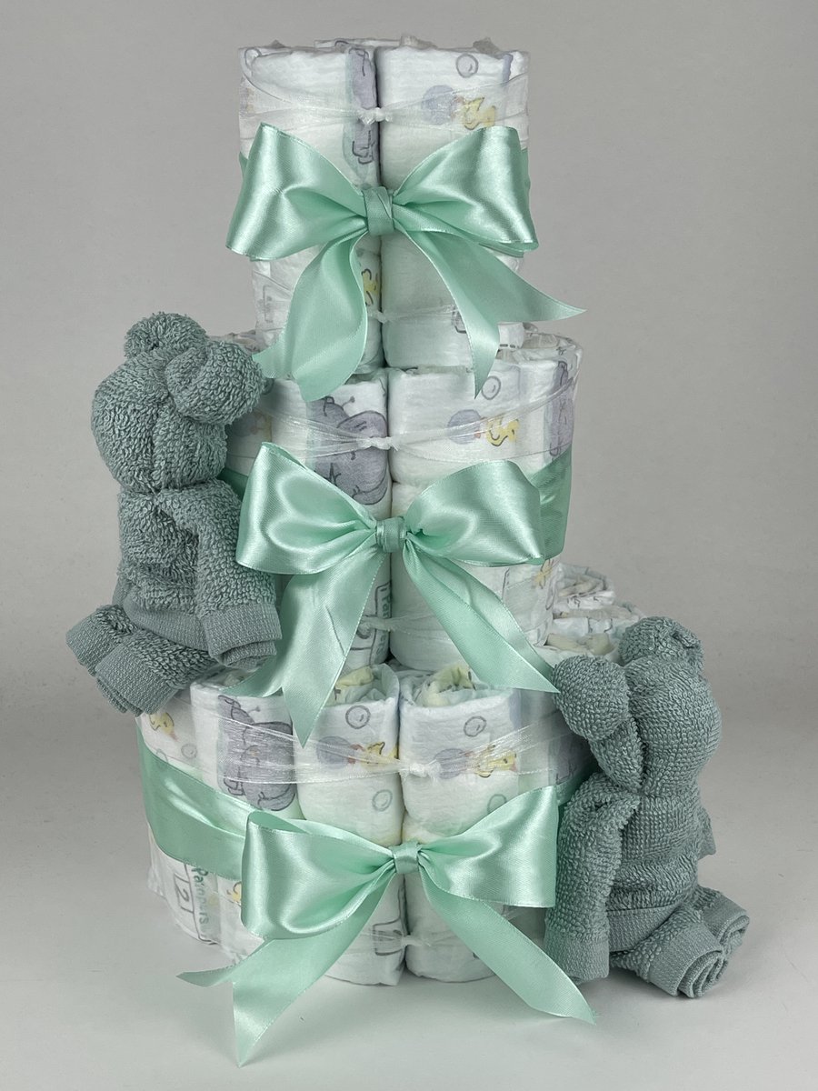 Chouette-Chouette | Luiertaart Neutraal | Kraamcadeau | Geboorte Jongen Meisje | Babyshower | Beren Stone groen - Groen