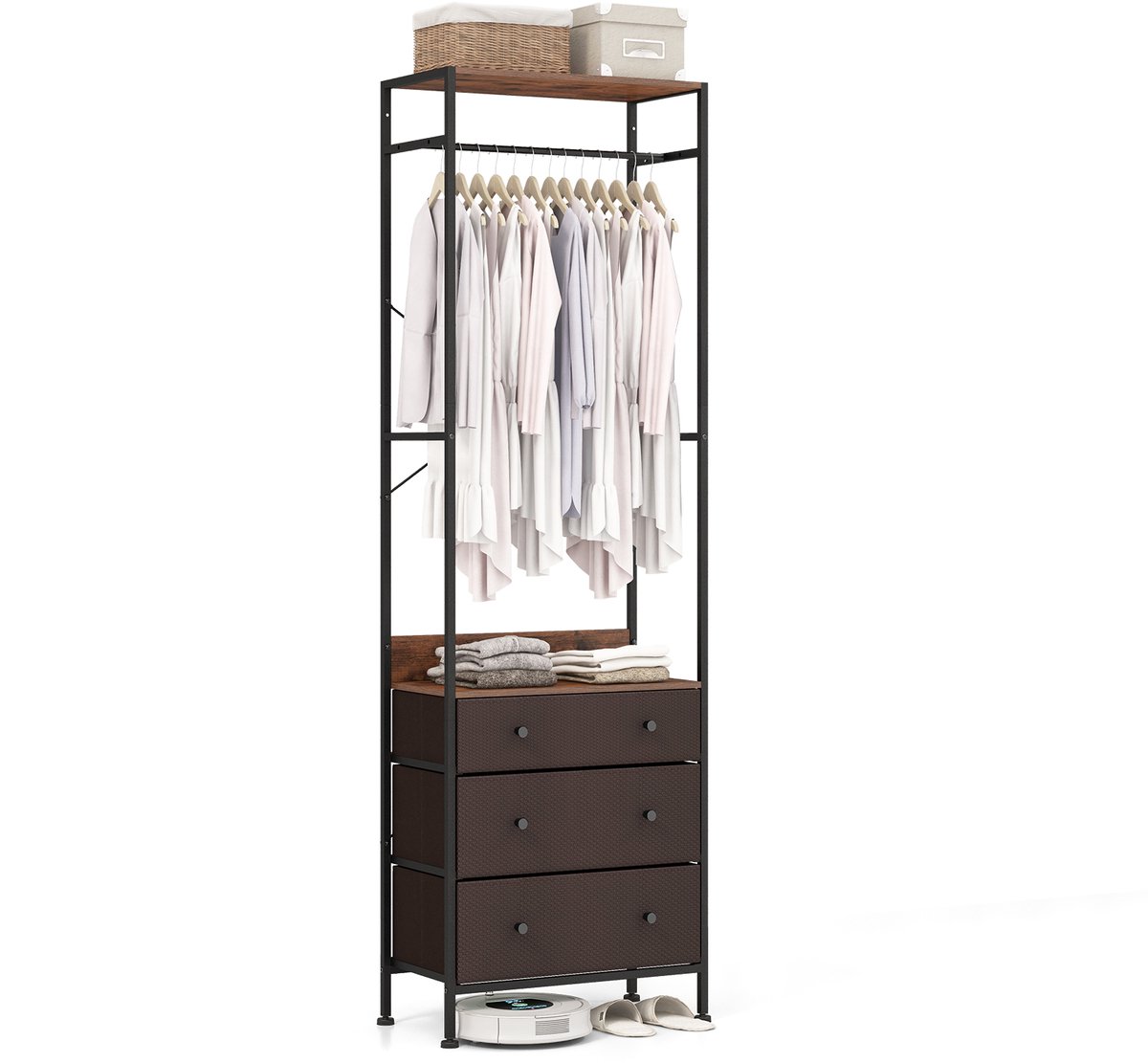Costway Kapstok met 3 laden, garderobe met ophangstang en opbergvakken, kledingstandaard vrijstaand van metaal, ganggarderobe industrieel voor hal en slaapkamer, 55 x 28 x 176 cm Rustiek bruin