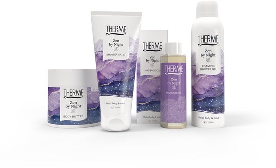 Vijf THERME Zen by Night producten: Body Butter, Douchecrème, Massage Olie, verpakking en schuimende douchegel.