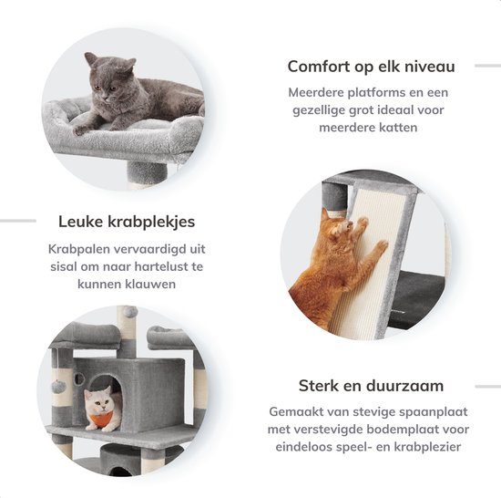 ACAZA Krabpaal - Krabpaal voor grote Katten - Kattenboom - 172 cm Hoog - Lichtgrijs - Kattenkrabpaal