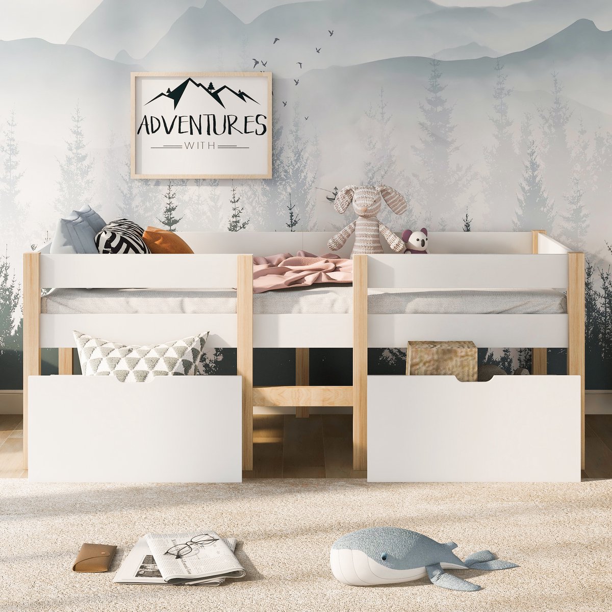 Merax Halfhoogslaper - Kinderbed met 2 lades en fall-out bescherming - grenen-massief hout - 90x190 cm - Wit & Eiken - Zonder matras