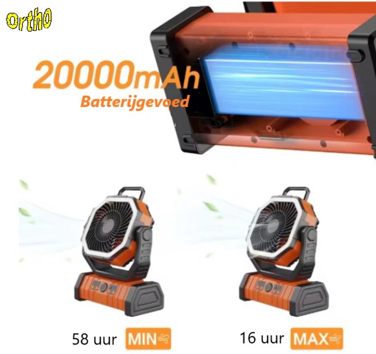 Ortho® - Draagbare ventilator - Grote Batterijcapaciteit - Ventilator staand - Tafel ventilator - Camping ventilator - Ventilator lamp - Draagbaar - Met afstandsbediening - Oranje thumbnail 3