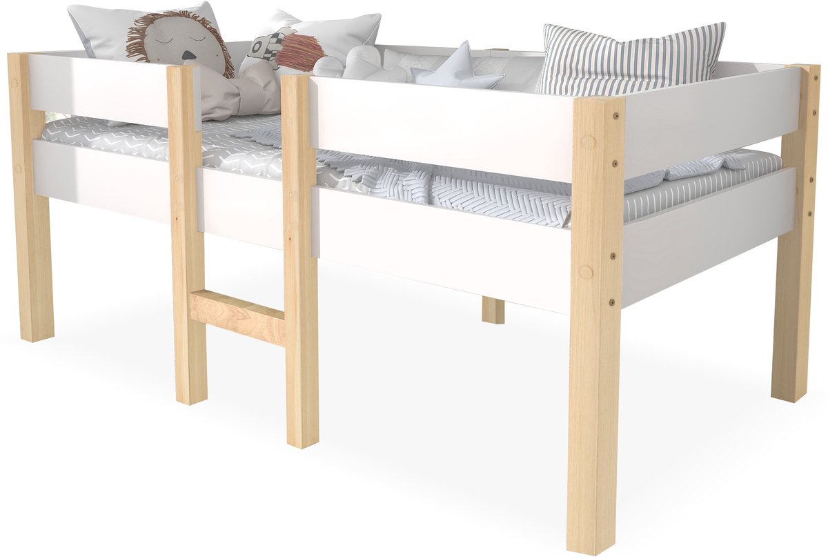 Merax Halfhoogslaper - Kinderbed met valbeveiliging - grenen-massief hout - 90x200 cm - Wit & Eiken - Zonder matras