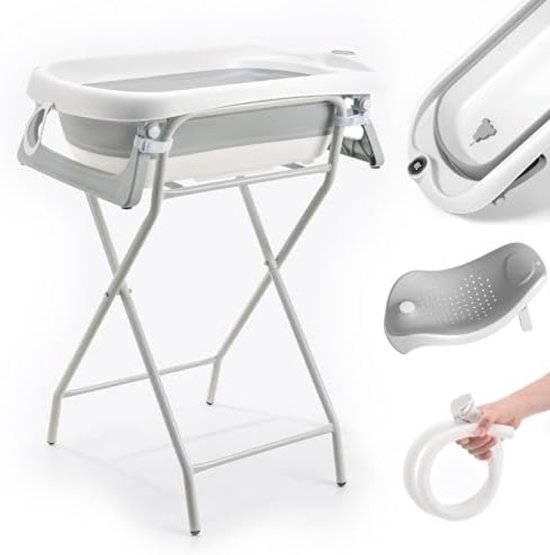 babykuip met frame 80 cm, opvouwbare design, thermometer, badmat, veilig standaard, voor pasgeborenen (grijs met badrek