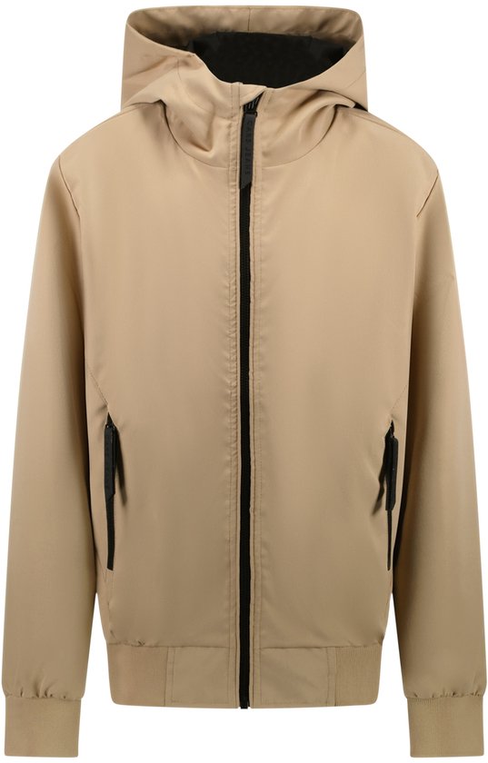 Blouson aviateur beige à capuche, zip noir et détails noirs sur les poches.