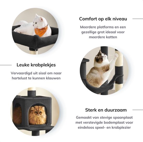 Arbre à chat noir de 143 cm avec plusieurs niveaux, y compris une grotte, un hamac et des poteaux à gratter, avec des chats dessus.