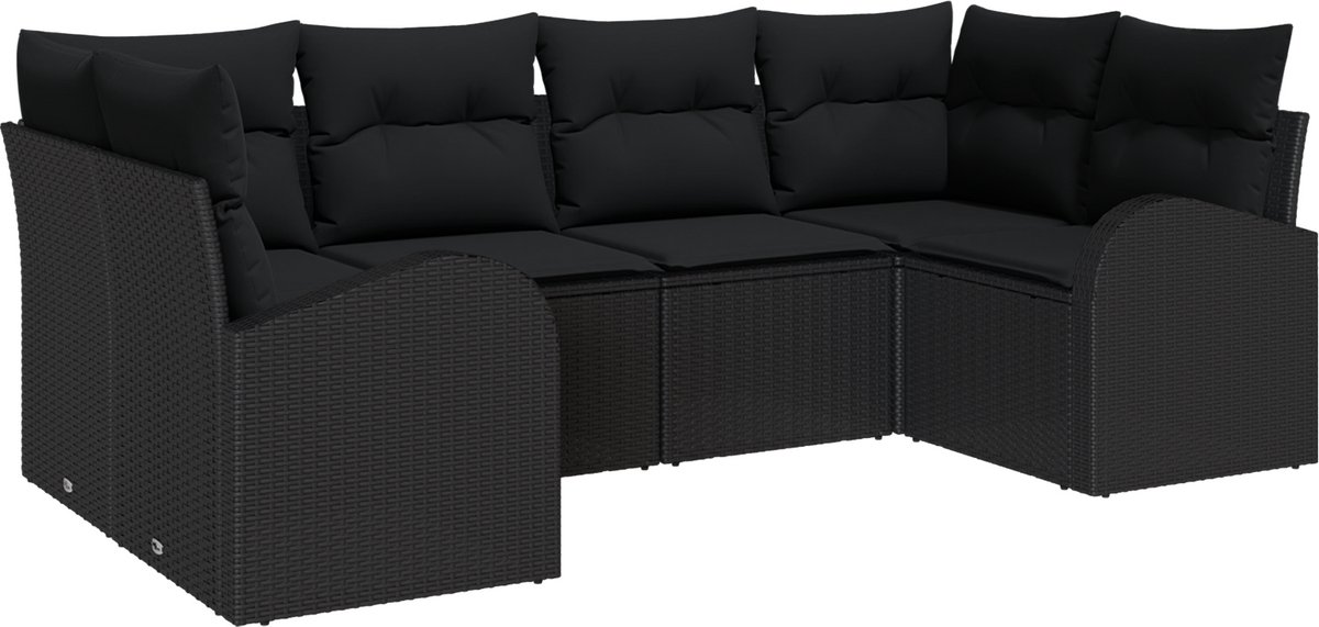 vidaXL - Tuinbank - Set - met - kussen - 6 - pcs - Zwart - Poly - Riet