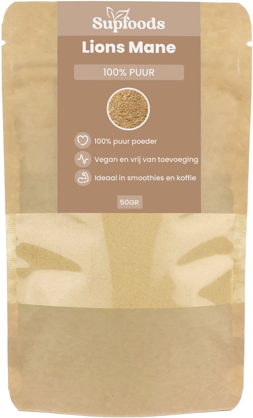 Bruine zak met 'Supfoods Lions Mane 100% Puur' logo en tekst 'vegan en vrij van toevoeging, ideaal in smoothies en koffie'.