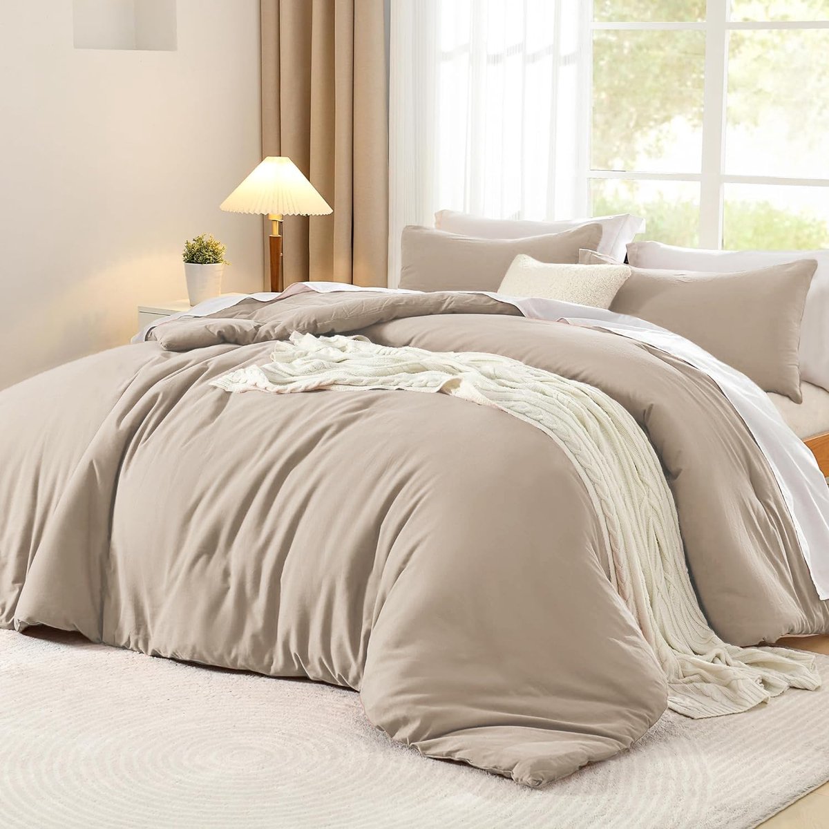Ibenzoa® Zachte en Comfortabele Katoenen Dekbedovertrekset – 135x200 cm, 4-Delig, Beige/Kaki/Taupe