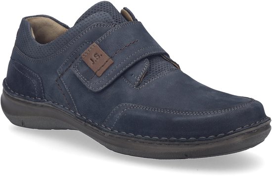 Donkerblauwe Josef Seibel halfhoge schoen met klittenbandsluiting en bruine accenten.