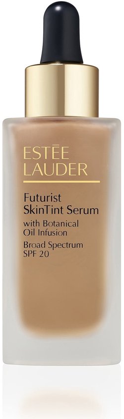 Estée Lauder Futurist SkinTint Serum foundation, medium bruine tint met gouden hals en zwarte pipet.