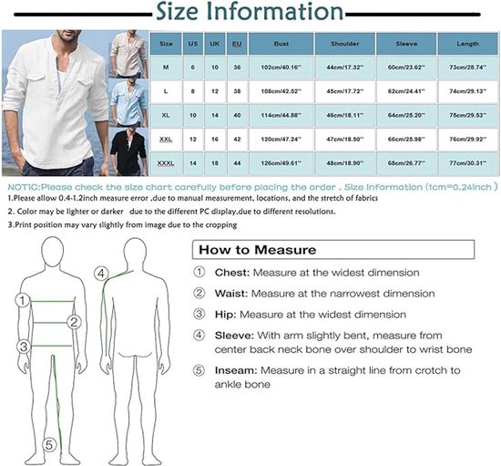 Maatinformatie voor een heren overhemd met maten van M tot XXXL. Bevat een maattabel en meetinstructies.