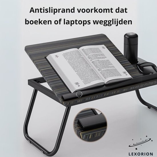 Gestreepte laptoptafel met een boek en een antisliprand. De antisliprand voorkomt dat boeken wegglijden.