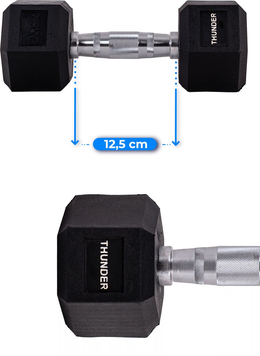THUNDER® HEXAGONAL-DUMBBELLS-7,5KG Zwarte Rubberen Halter Stalen Kern Voor Krachttraining & Fitness Antislip Duurzaam & Professioneel Per Stuk - Stevige Grip – foto 5