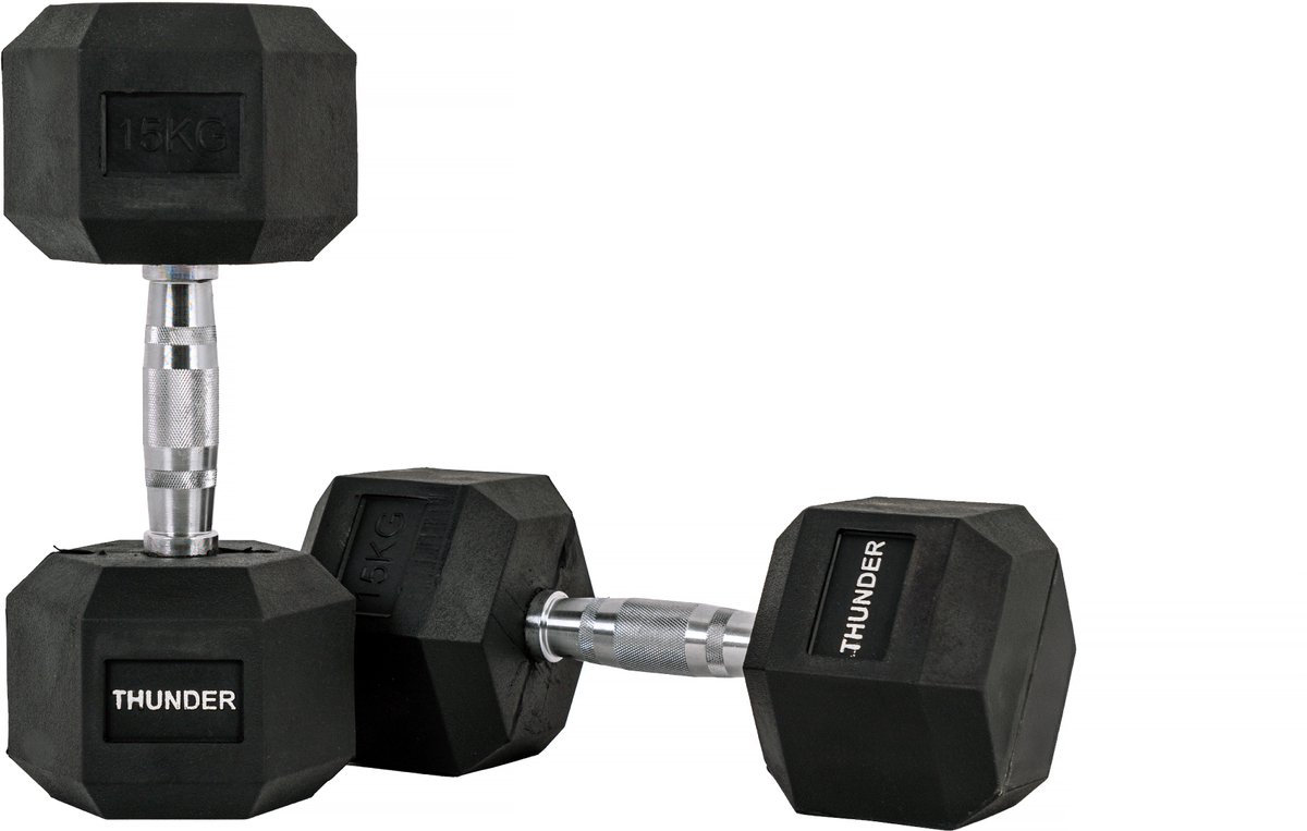 THUNDER® HEXAGONAL-DUMBBELLS-15KG Zwarte Rubberen Halter Stalen Kern Voor Krachttraining & Fitness Antislip Duurzaam & Professioneel Per Stuk - Stevige Grip